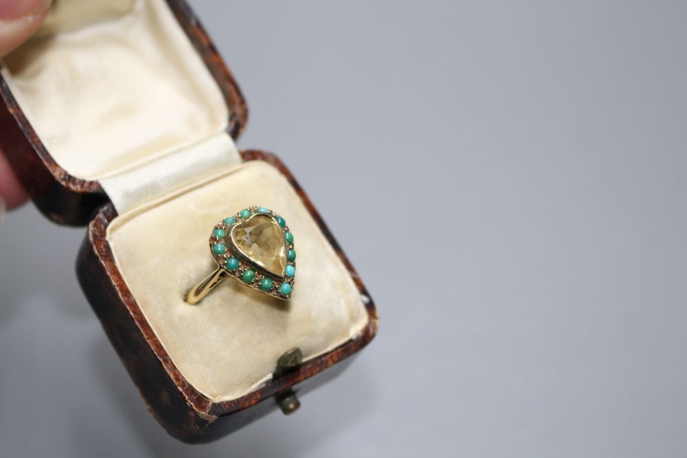 A 1960s 9ct gold, heart shaped citrine and turquoise bead set heart shaped dress ring,